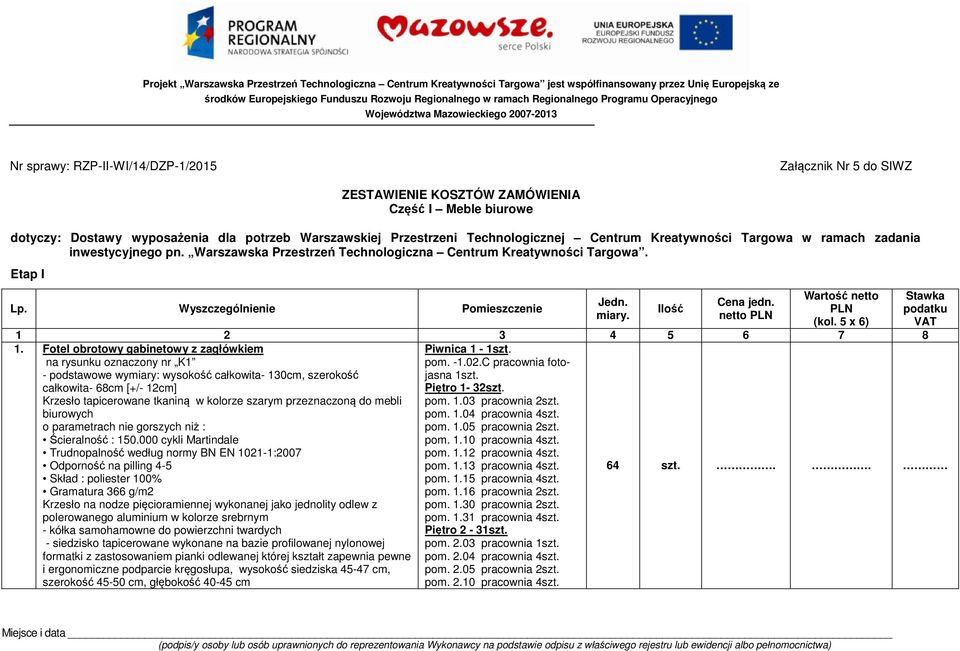 dla potrzeb Warszawskiej Przestrzeni Technologicznej Centrum Kreatywności Targowa w ramach zadania inwestycyjnego pn. Warszawska Przestrzeń Technologiczna Centrum Kreatywności Targowa. Etap I Lp.