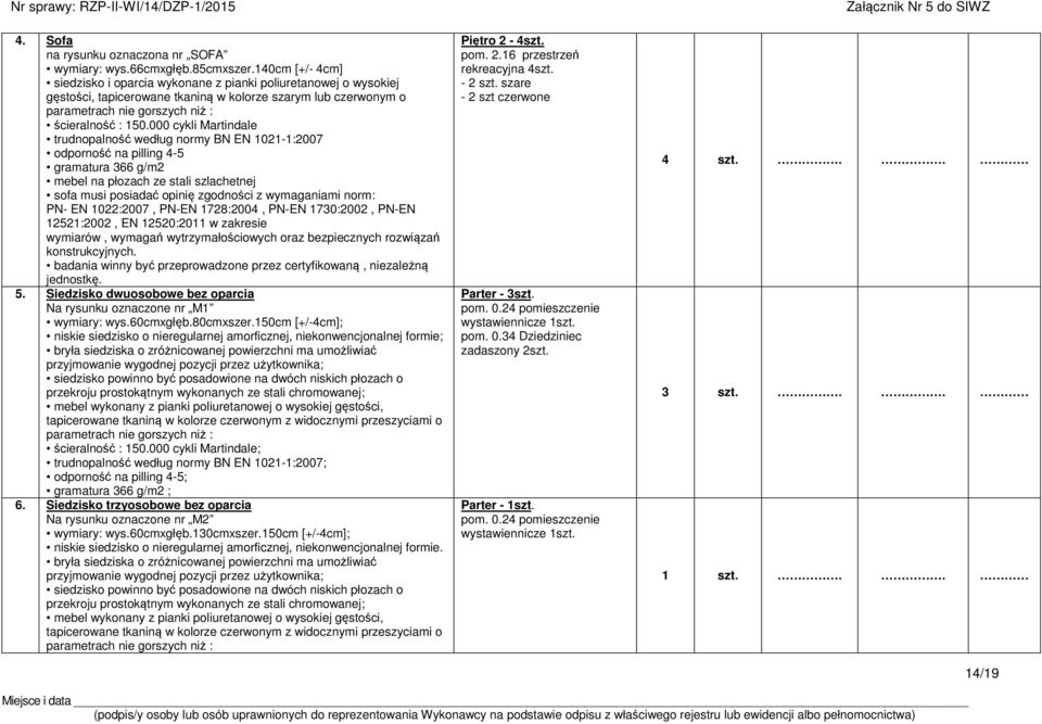 000 cykli Martindale trudnopalność według normy BN EN 1021-1:2007 odporność na pilling 4-5 gramatura 366 g/m2 mebel na płozach ze stali szlachetnej sofa musi posiadać opinię zgodności z wymaganiami