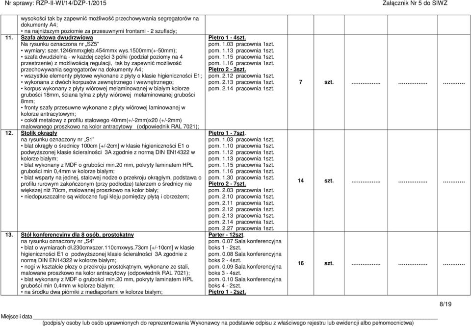 1500mm(+-50mm); szafa dwudzielna - w każdej części 3 półki (podział poziomy na 4 przestrzenie) z możliwością regulacji, tak by zapewnić możliwość przechowywania segregatorów na dokumenty A4;