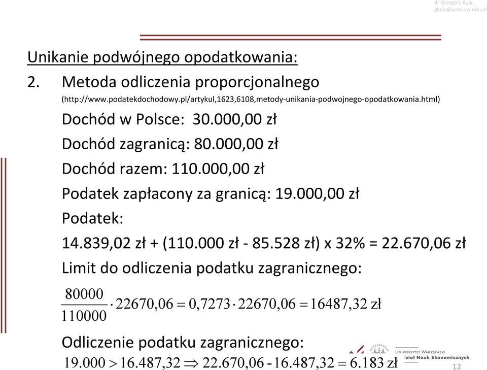 000,00 zł Dochód razem: 110.000,00 zł Podatek zapłacony za granicą: 19.000,00 zł Podatek: 14.839,02 zł + (110.000 zł 85.528 zł) x 32% = 22.