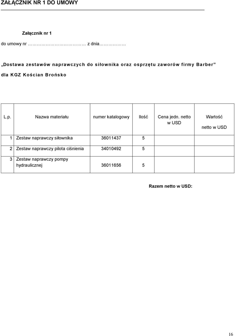 netto w USD Wartość netto w USD 1 Zestaw naprawczy siłownika 36011437 5 2 Zestaw naprawczy pilota