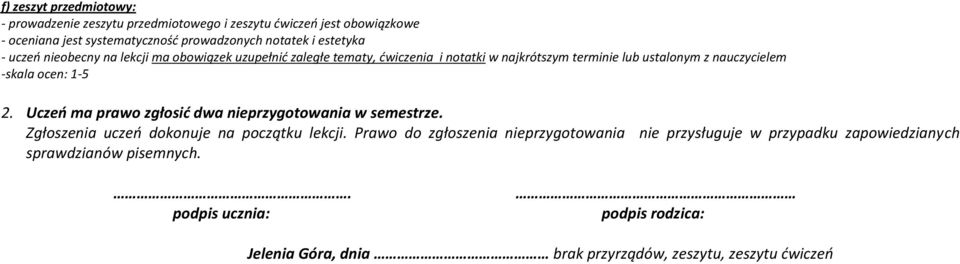 ocen: 1-5 2. Uczeń ma prawo zgłosić dwa nieprzygotowania w semestrze. Zgłoszenia uczeń dokonuje na początku lekcji.