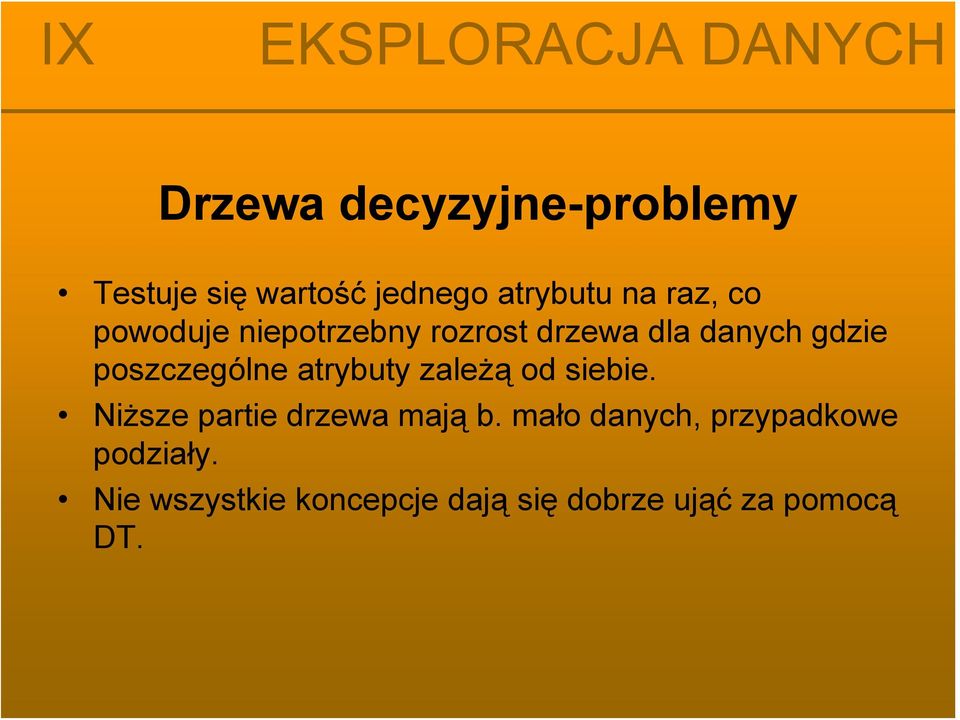 atrybuty zależą od siebie. Niższe partie drzewa mają b.