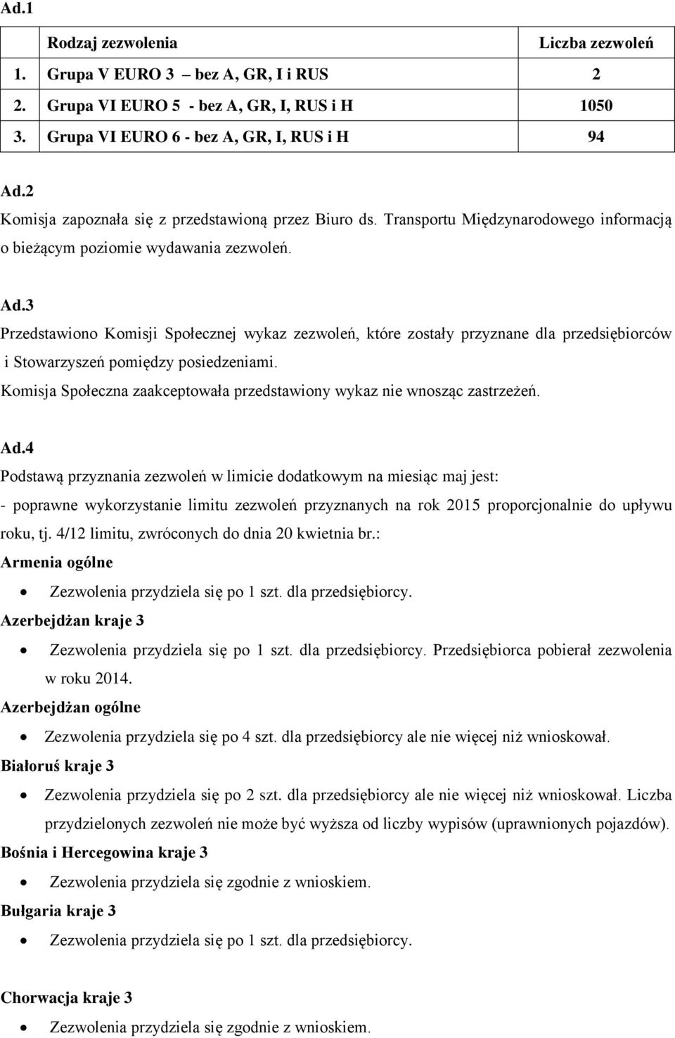 3 Przedstawiono Komisji Społecznej wykaz zezwoleń, które zostały przyznane dla przedsiębiorców i Stowarzyszeń pomiędzy posiedzeniami.