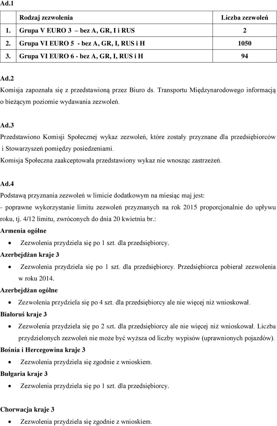 3 Przedstawiono Komisji Społecznej wykaz zezwoleń, które zostały przyznane dla przedsiębiorców i Stowarzyszeń pomiędzy posiedzeniami.