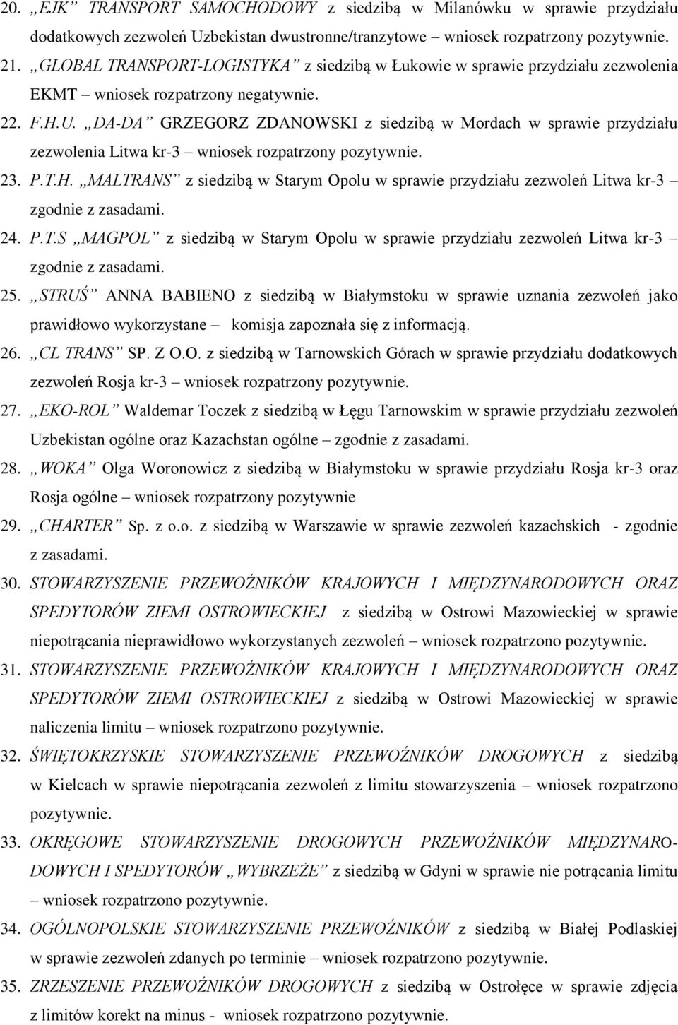 DA-DA GRZEGORZ ZDANOWSKI z siedzibą w Mordach w sprawie przydziału zezwolenia Litwa kr-3 wniosek rozpatrzony pozytywnie. 23. P.T.H.