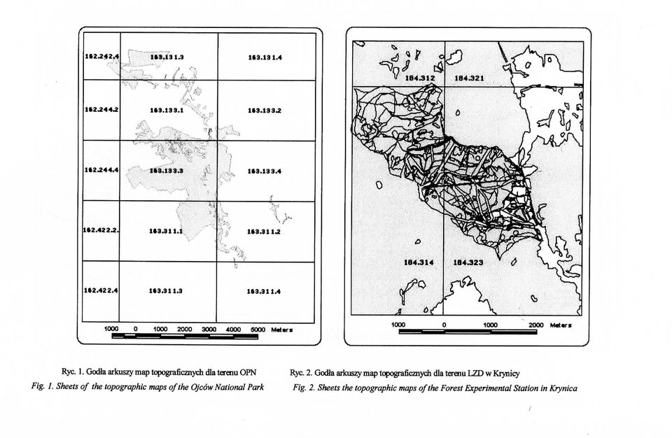 1. Sheets of the topographic maps of the Ojc6w National Park Rye. 2. GocUa arkuszy map topograficznych dla ta-aiu T.7D w Krynicy Fig.