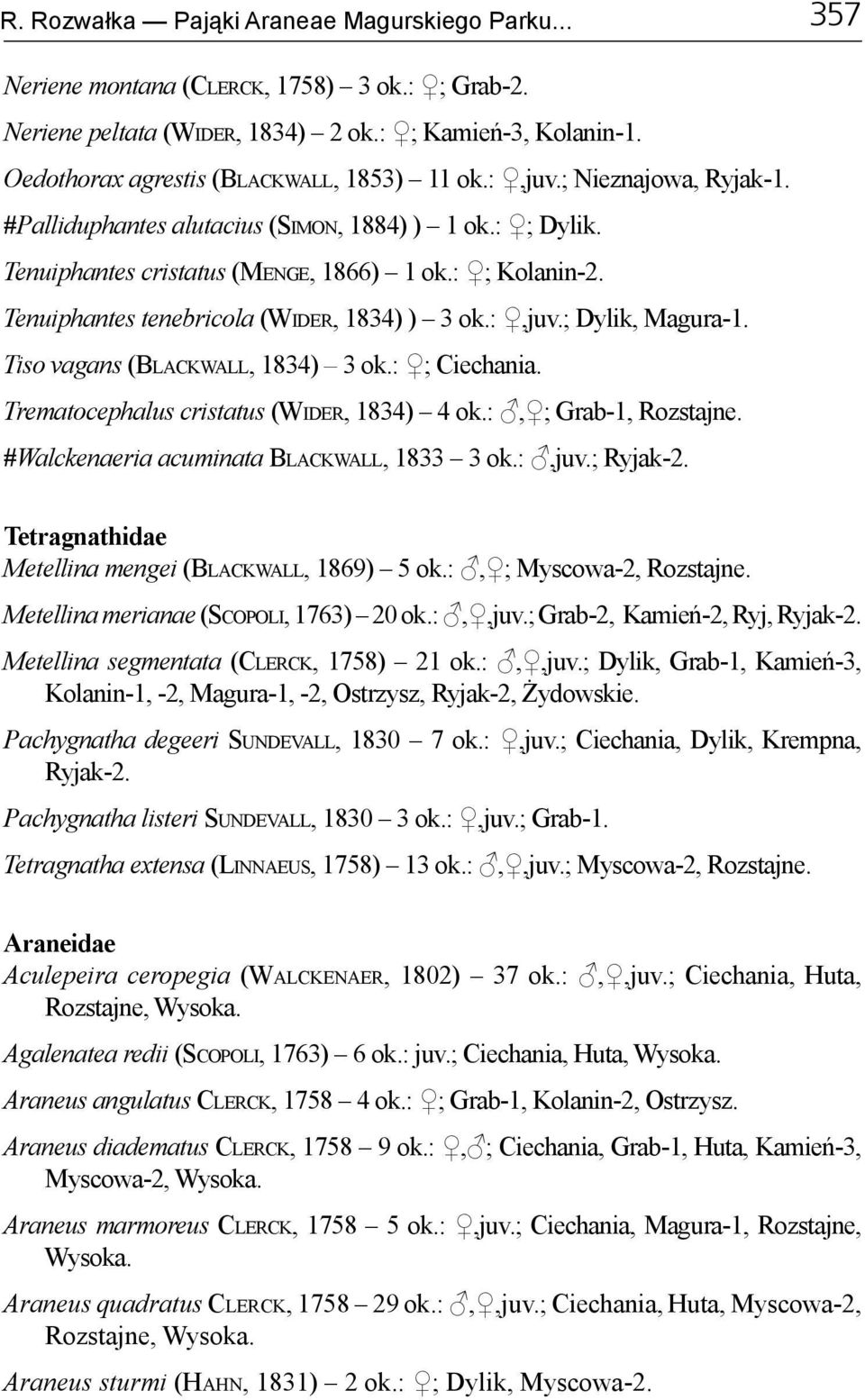 Tenuiphantes tenebricola (Wider, 1834) ) 3 ok.:,juv.; Dylik, Magura-1. Tiso vagans (Blackwall, 1834) 3 ok.: ; Ciechania. Trematocephalus cristatus (Wider, 1834) 4 ok.:, ; Grab-1, Rozstajne.