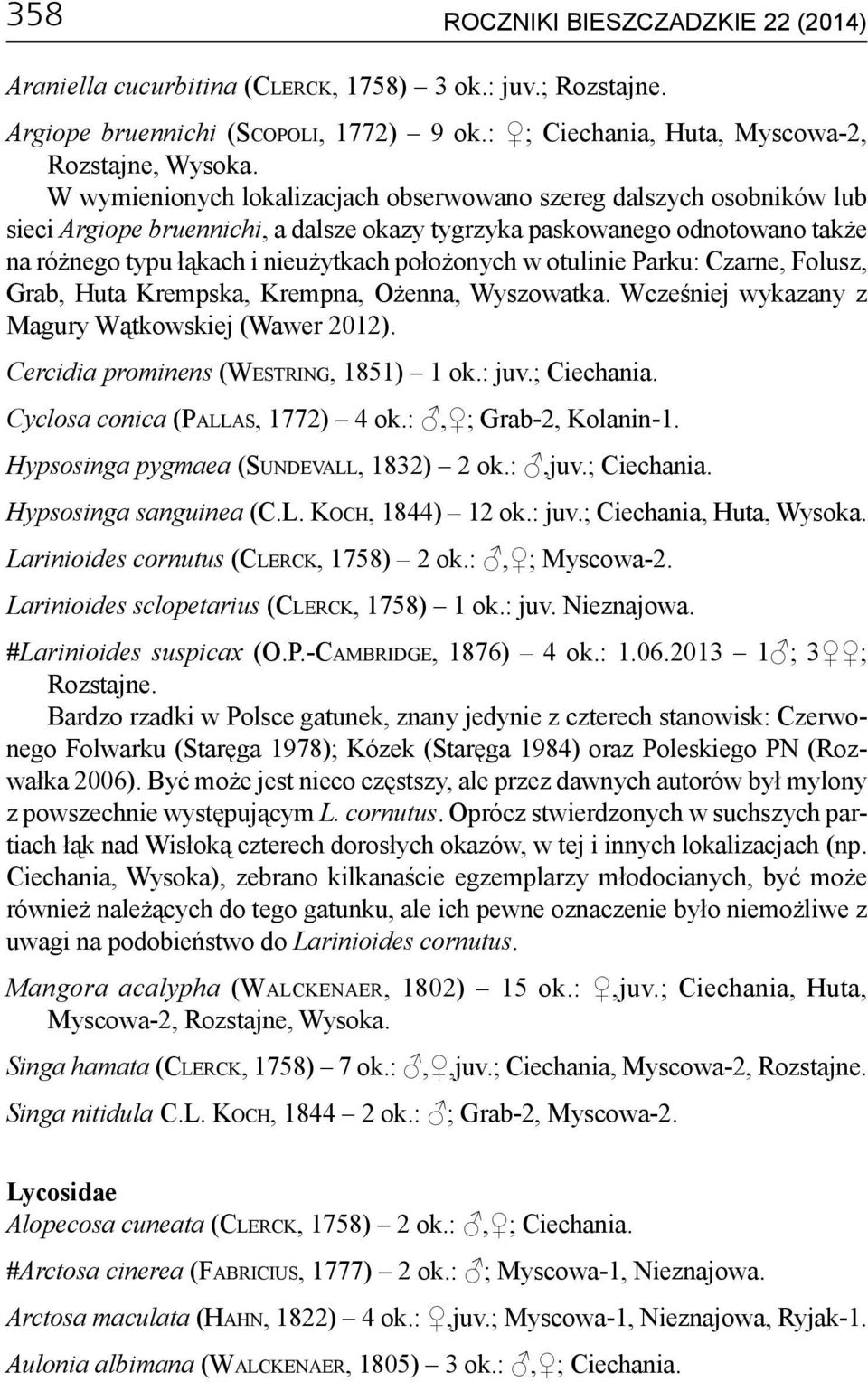 otulinie Parku: Czarne, Folusz, Grab, Huta Krempska, Krempna, Ożenna, Wyszowatka. Wcześniej wykazany z Magury Wątkowskiej (Wawer 2012). Cercidia prominens (Westring, 1851) 1 ok.: juv.; Ciechania.