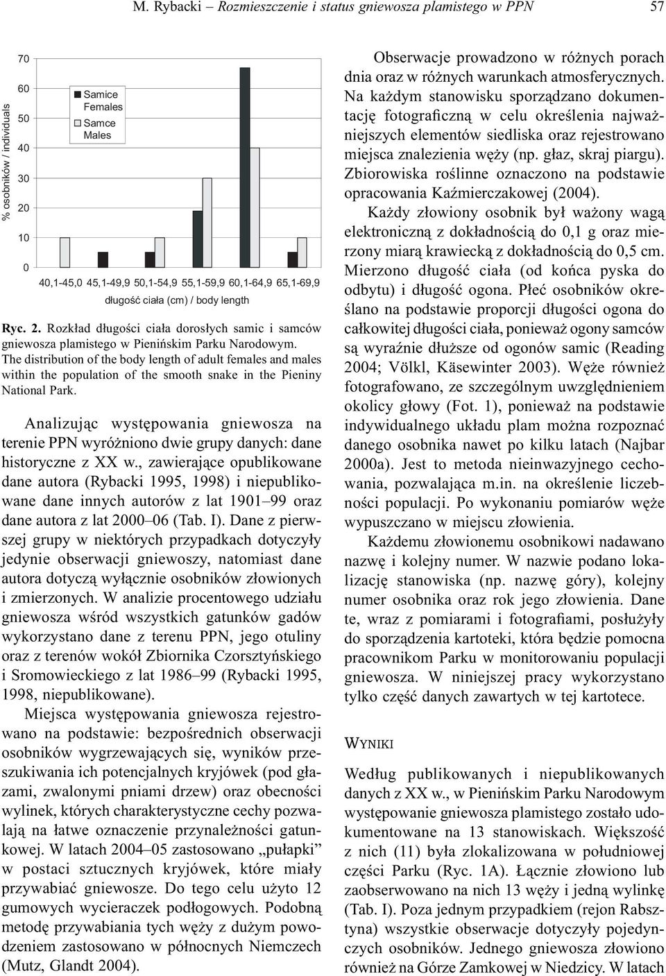 The distribution of the body length of adult females and males within the population of the smooth snake in the Pieniny National Park.
