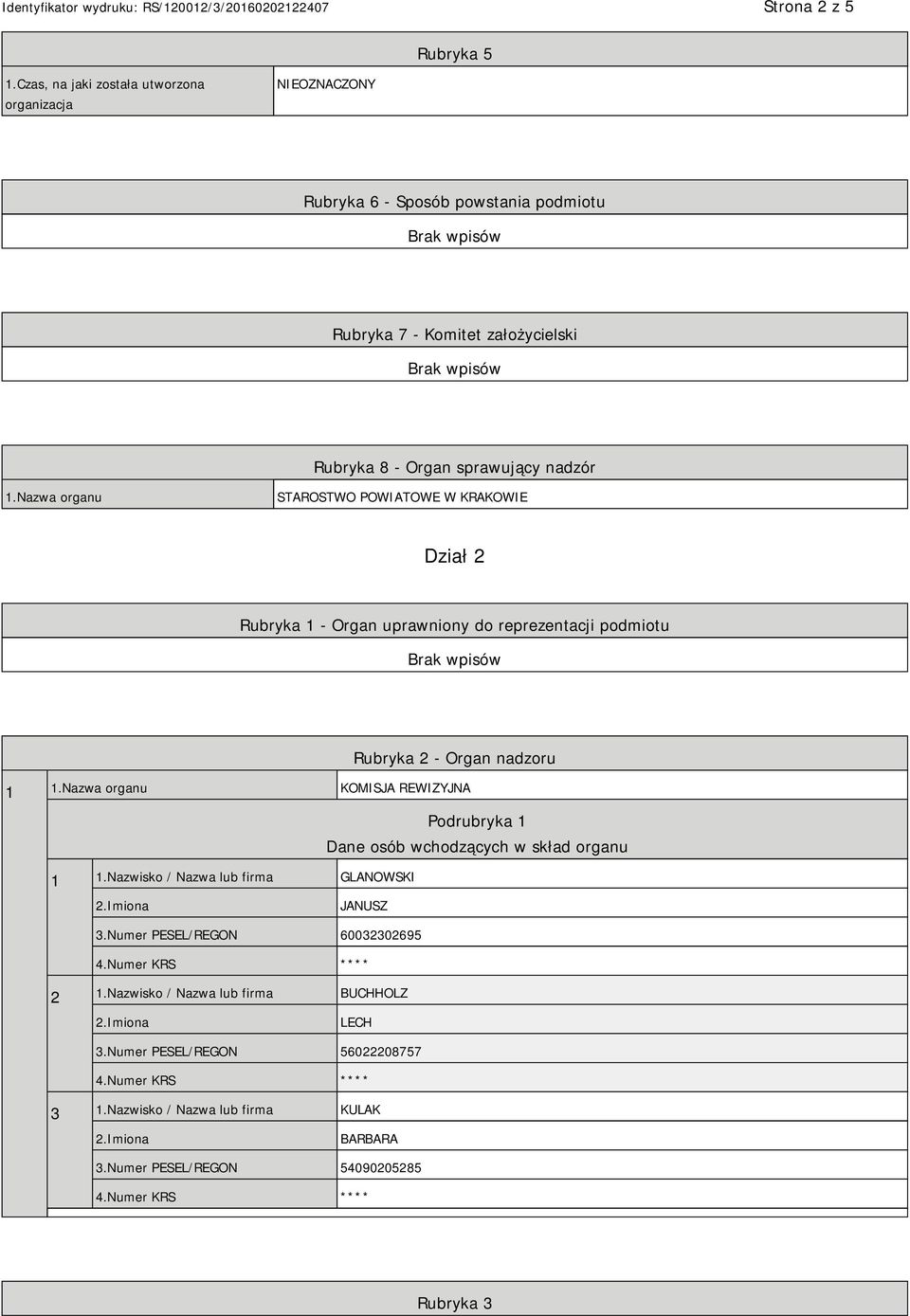 nadzór 1.Nazwa organu STAROSTWO POWIATOWE W KRAKOWIE Dział 2 Rubryka 1 - Organ uprawniony do reprezentacji podmiotu Rubryka 2 - Organ nadzoru 1 1.