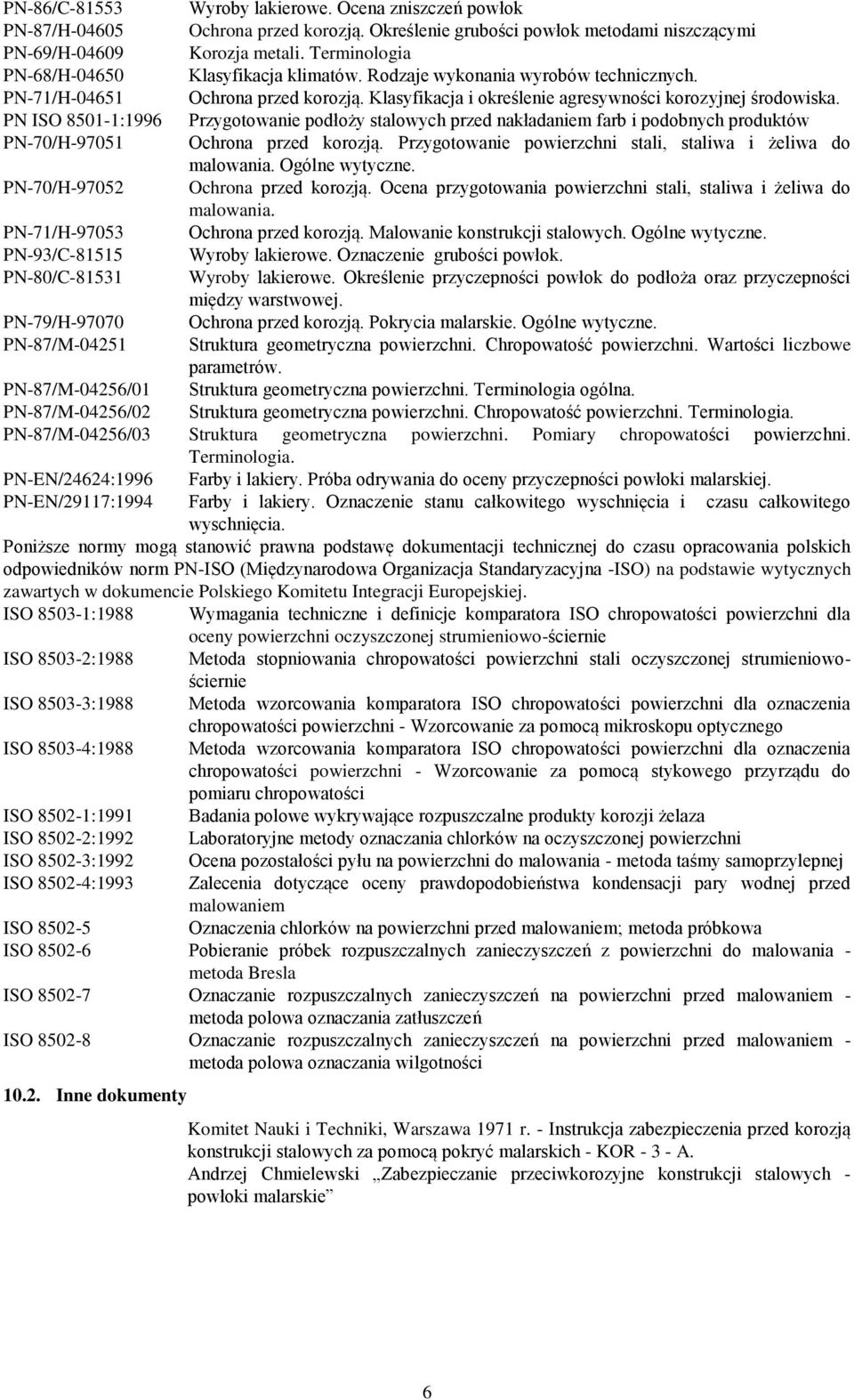 PN ISO 8501-1:1996 Przygotowanie podłoży stalowych przed nakładaniem farb i podobnych produktów PN-70/H-97051 Ochrona przed korozją. Przygotowanie powierzchni stali, staliwa i żeliwa do malowania.