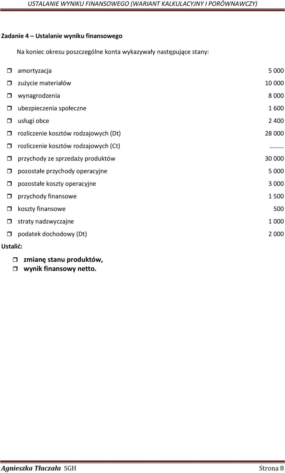 przychody ze sprzedaży produktów 30 000 pozostałe przychody operacyjne 5 000 pozostałe koszty operacyjne 3 000 przychody finansowe 1 500 koszty