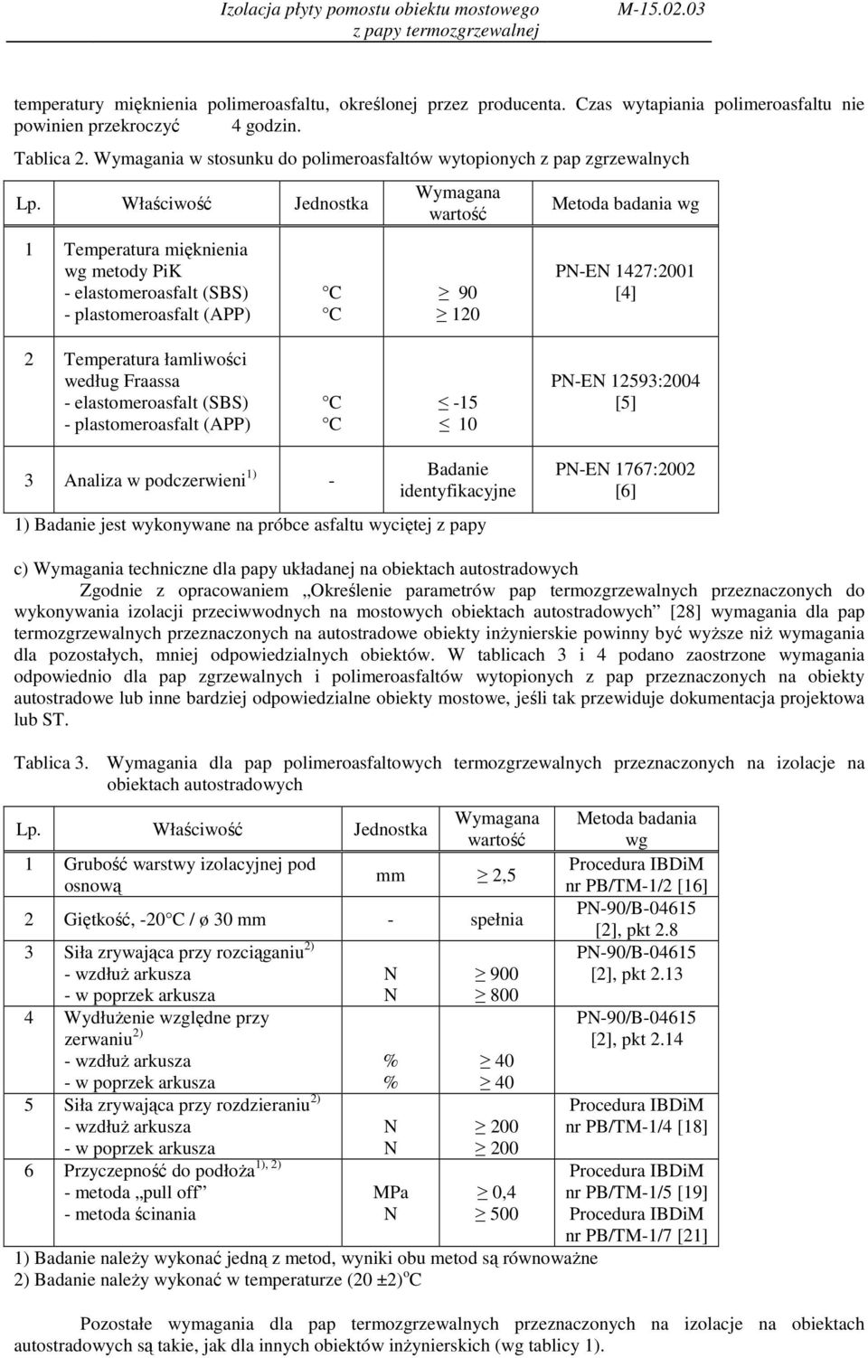 Właściwość Jednostka 1 Temperatura mięknienia wg metody PiK - elastomeroasfalt (SBS) - plastomeroasfalt (APP) C C Wymagana wartość 90 120 Metoda badania wg PN-EN 1427:2001 [4] 2 Temperatura