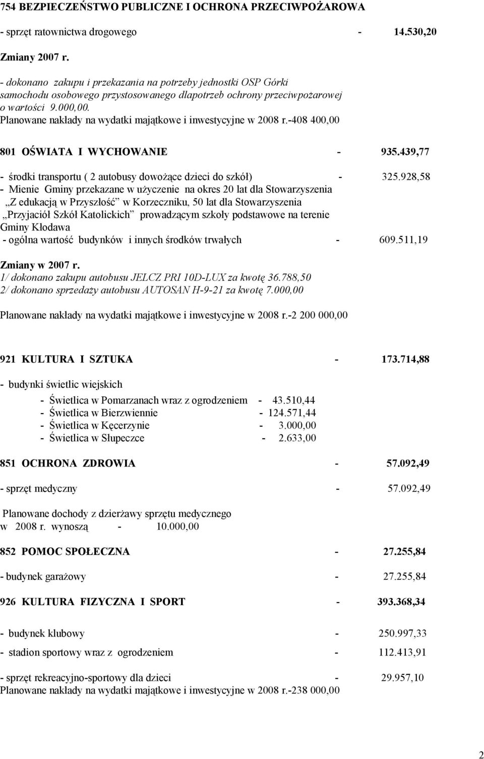 Planowane nakłady na wydatki majątkowe i inwestycyjne w 2008 r.-408 400,00 801 OŚWIATA I WYCHOWANIE - 935.439,77 - środki transportu ( 2 autobusy dowożące dzieci do szkół) - 325.