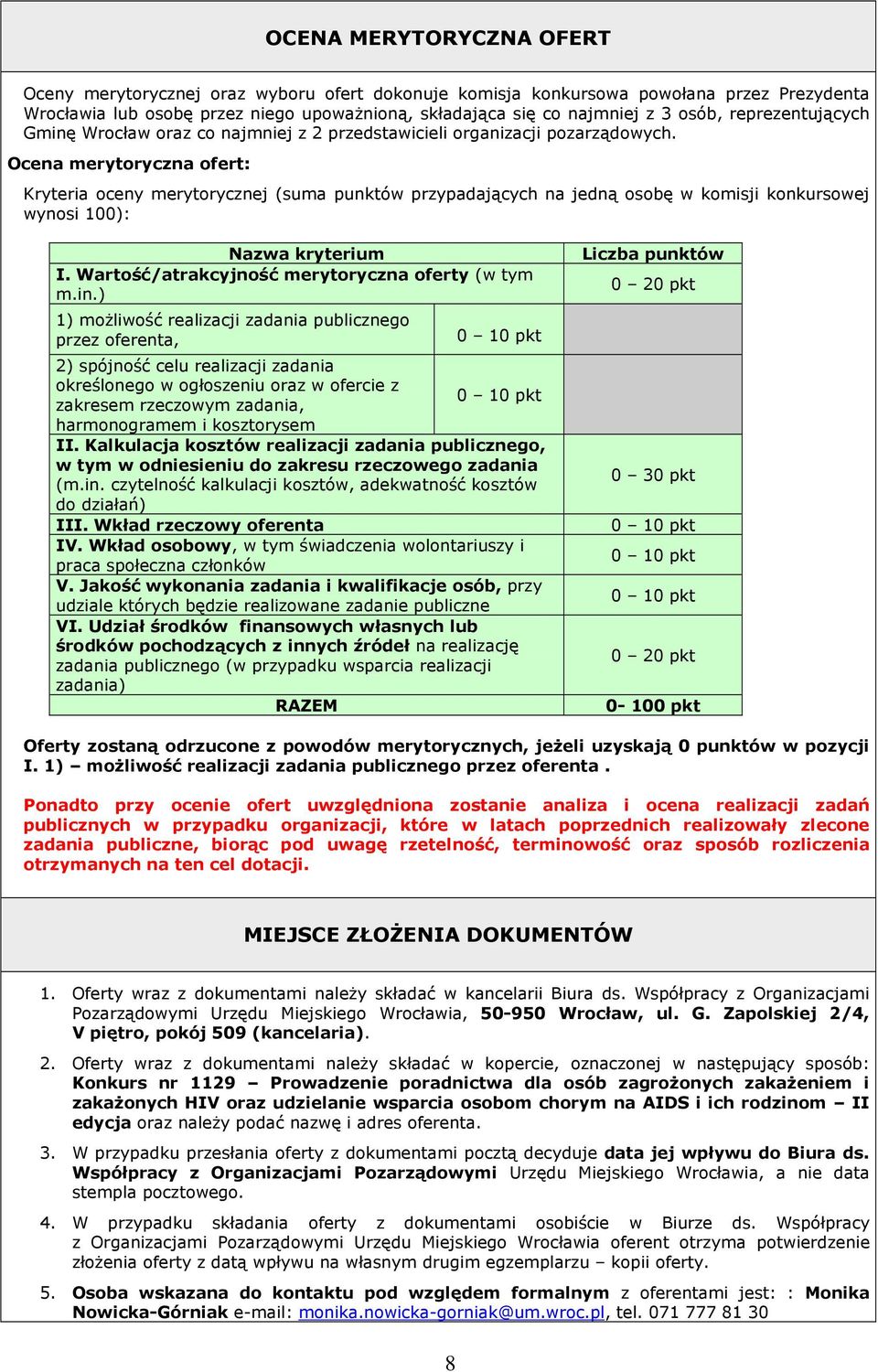 Ocena merytoryczna ofert: Kryteria oceny merytorycznej (suma punktów przypadających na jedną osobę w komisji konkursowej wynosi 100): Nazwa kryterium I.