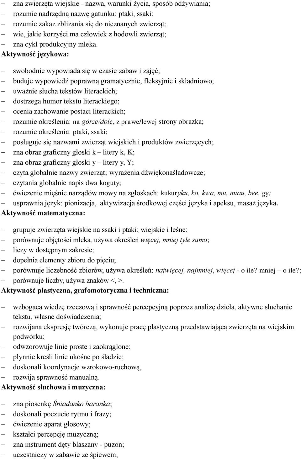 Aktywność językowa: swobodnie wypowiada się w czasie zabaw i zajęć; buduje wypowiedź poprawną gramatycznie, fleksyjnie i składniowo; uważnie słucha tekstów literackich; dostrzega humor tekstu