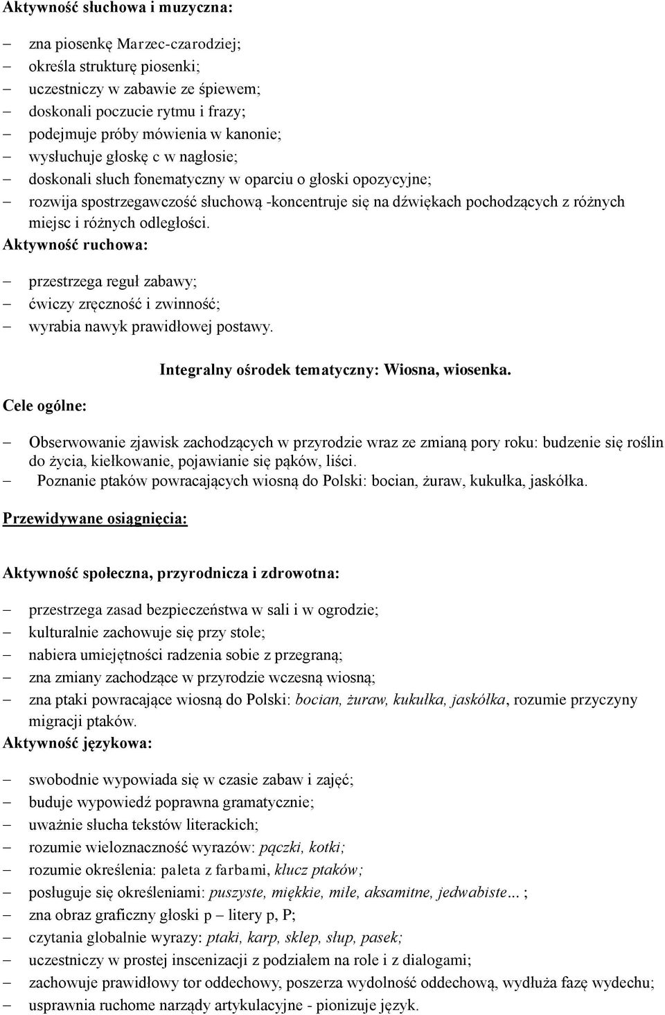 odległości. Aktywność ruchowa: przestrzega reguł zabawy; ćwiczy zręczność i zwinność; wyrabia nawyk prawidłowej postawy. Integralny ośrodek tematyczny: Wiosna, wiosenka.