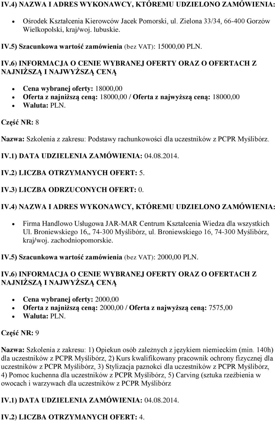 IV.2) LICZBA OTRZYMANYCH OFERT: 5. Firma Handlowo Usługowa JAR-MAR Centrum Kształcenia Wiedza dla wszystkich Ul. Broniewskiego 16,, 74-300 Myślibórz, ul. Broniewskiego 16, 74-300 Myślibórz, kraj/woj.