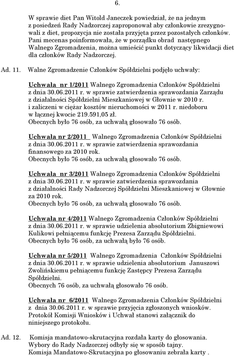 Walne Zgromadzenie Członków Spółdzielni podjęło uchwały: Uchwała nr 1/2011 Walnego Zgromadzenia Członków Spółdzielni z dnia 30.06.2011 r.