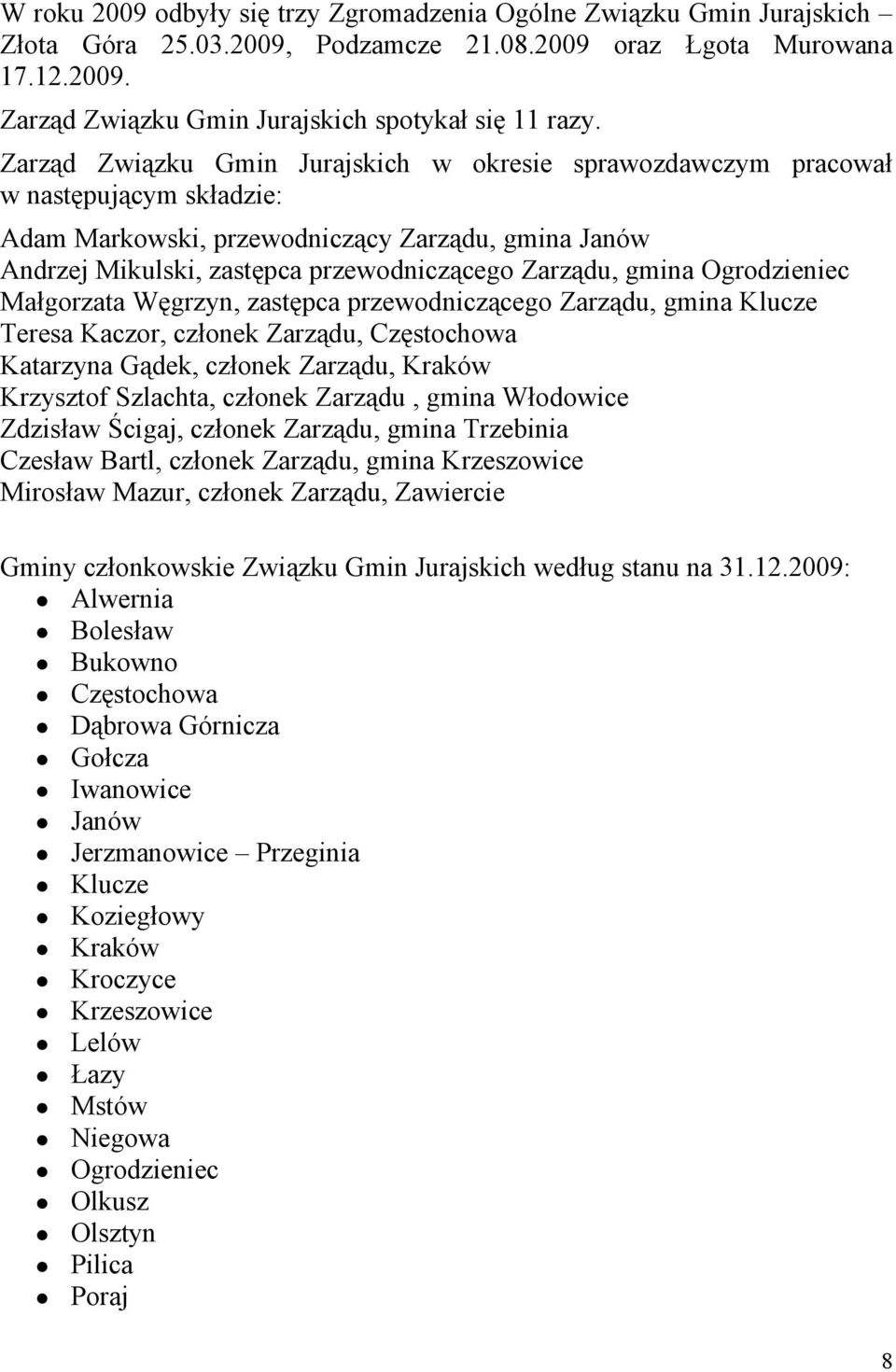 gmina Ogrodzieniec Małgorzata Węgrzyn, zastępca przewodniczącego Zarządu, gmina Klucze Teresa Kaczor, członek Zarządu, Częstochowa Katarzyna Gądek, członek Zarządu, Kraków Krzysztof Szlachta, członek