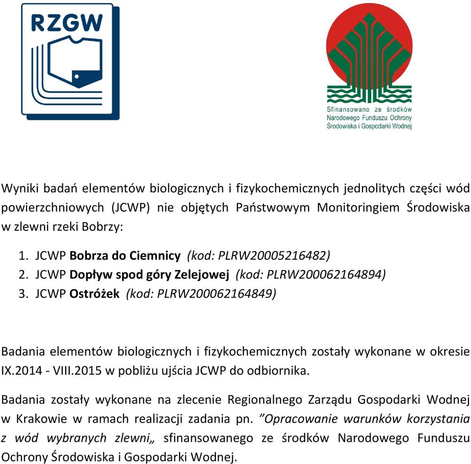 JCWP Ostróżek (kod: PLRW200062164849) Badania elementów biologicznych i fizykochemicznych zostały wykonane w okresie IX.2014 V.2015 w pobliżu ujścia JCWP do odbiornika.