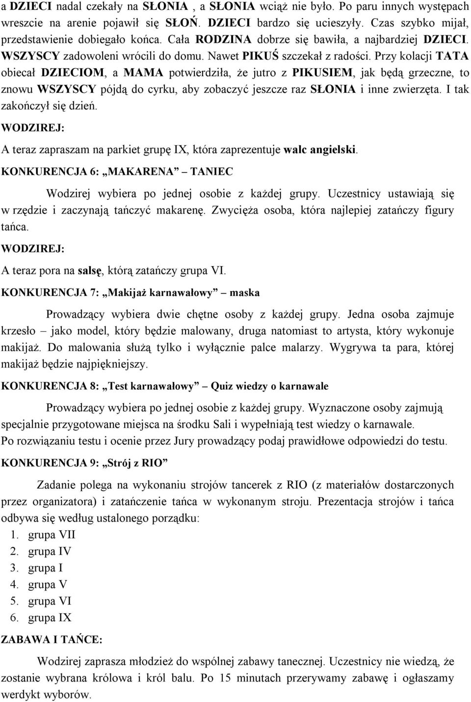 Przy kolacji TATA obiecał DZIECIOM, a MAMA potwierdziła, że jutro z PIKUSIEM, jak będą grzeczne, to znowu WSZYSCY pójdą do cyrku, aby zobaczyć jeszcze raz SŁONIA i inne zwierzęta.