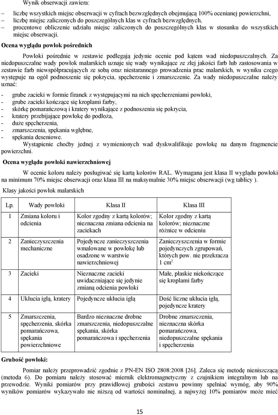 Ocena wyglądu powłok pośrednich Powłoki pośrednie w zestawie podlegają jedynie ocenie pod kątem wad niedopuszczalnych.