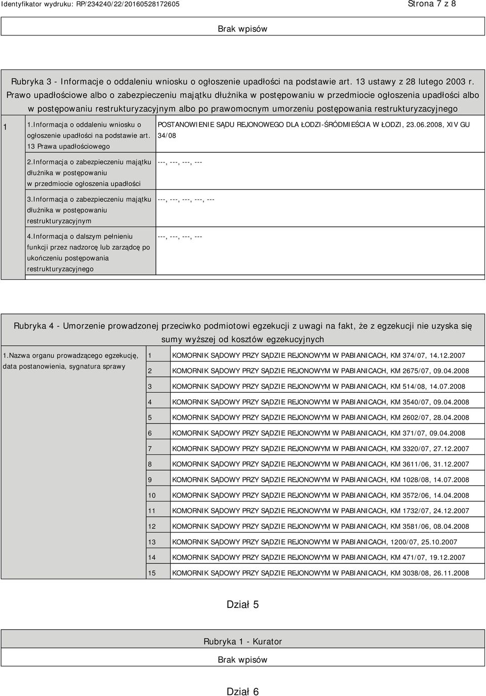 restrukturyzacyjnego 1 1.Informacja o oddaleniu wniosku o ogłoszenie upadłości na podstawie art. 13 Prawa upadłościowego 2.