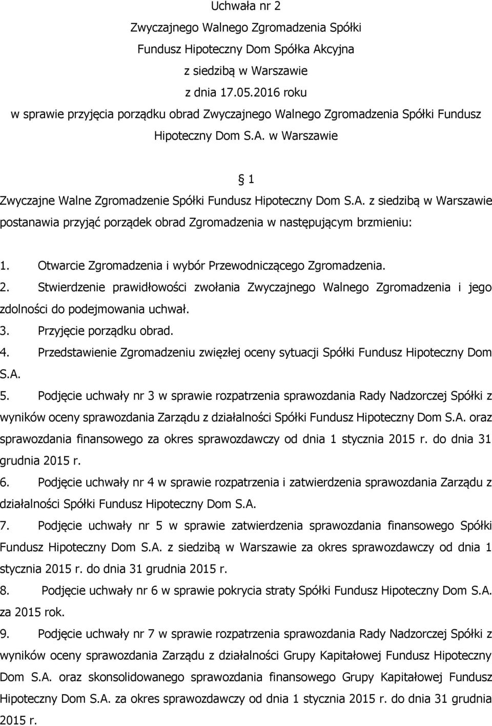 Przyjęcie porządku obrad. 4. Przedstawienie Zgromadzeniu zwięzłej oceny sytuacji Spółki Fundusz Hipoteczny Dom S.A. 5.