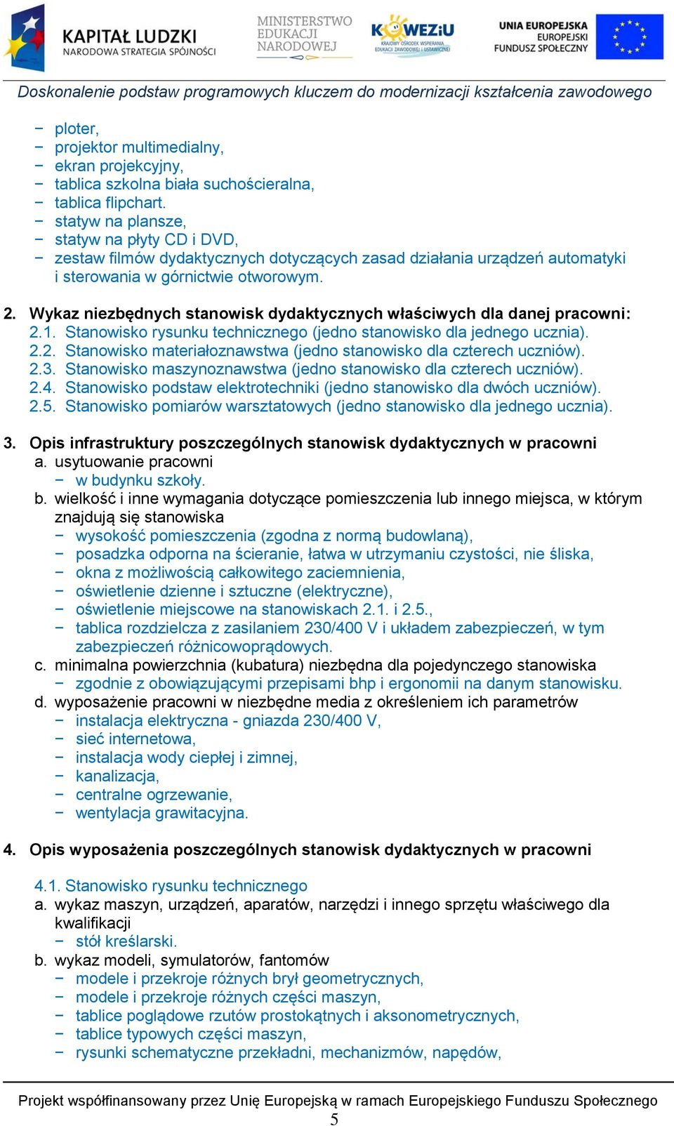 Wykaz niezbędnych stanowisk dydaktycznych właściwych dla danej pracowni: 2.1. Stanowisko rysunku technicznego (jedno stanowisko dla jednego ucznia). 2.2. Stanowisko materiałoznawstwa (jedno stanowisko dla czterech uczniów).