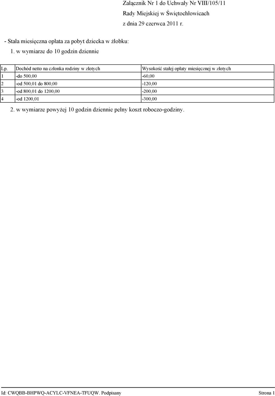 w wymiarze do 10 godzin dziennie 1 -do 500,00-60,00 2 -od 500,01 do