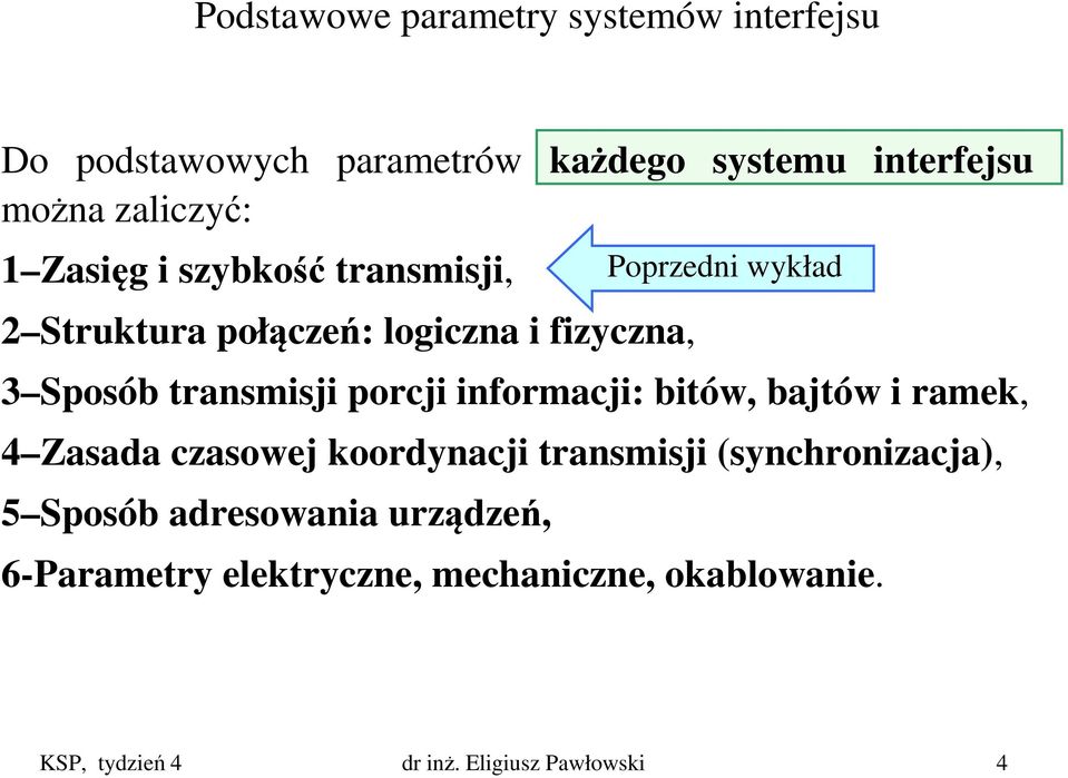 bitów, bajtów i ramek, 4 Zasada czasowej koordynacji transmisji (synchronizacja), 5 Sposób adresowania urządzeń,