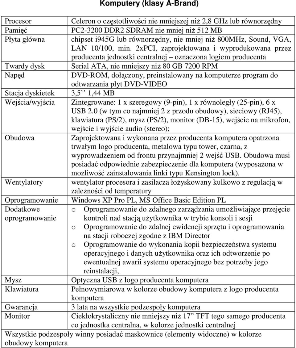 2xPCI, zaprojektowana i wyprodukowana przez producenta jednostki centralnej oznaczona logiem producenta Serial ATA, nie mniejszy niŝ 80 GB 7200 RPM DVD-ROM, dołączony, preinstalowany na komputerze