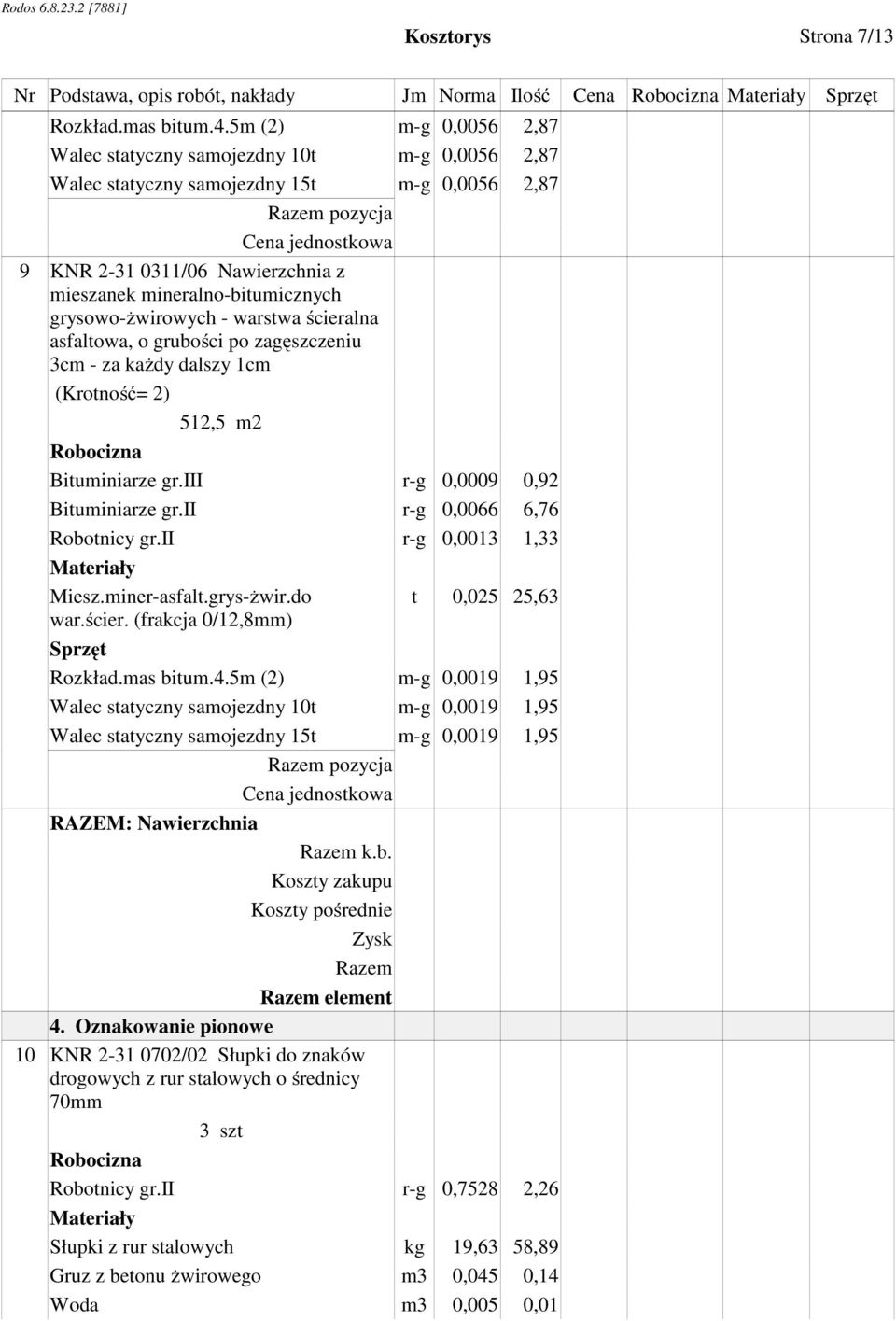 warstwa ścieralna asfaltowa, o grubości po zagęszczeniu 3cm - za każdy dalszy 1cm (Krotność= 2) 512,5 m2 Bituminiarze gr.iii r-g 0,0009 0,92 Bituminiarze gr.ii r-g 0,0066 6,76 Robotnicy gr.