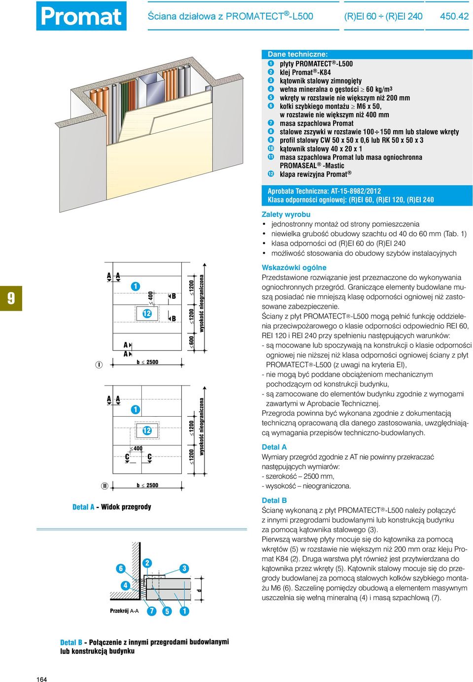 montażu M6 x 50, w rozstawie nie większym niż 400 mm 7 masa szpachlowa Promat 8 stalowe zszywki w rozstawie 100 150 mm lub stalowe wkręty profil stalowy CW 50 x 50 x 0,6 lub RK 50 x 50 x 3 10