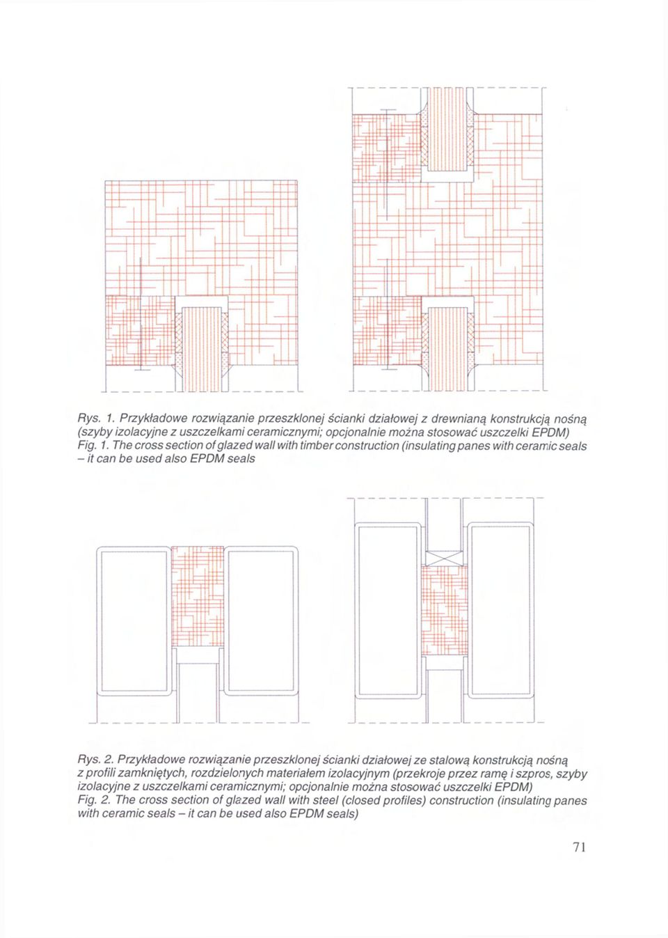 Przykładowe rozwiązanie przeszklonej ścianki działowej ze stalową konstrukcją nośną z profili zamkniętych, rozdzielonych materiałem izolacyjnym (przekroje przez ramę i szpros, szyby