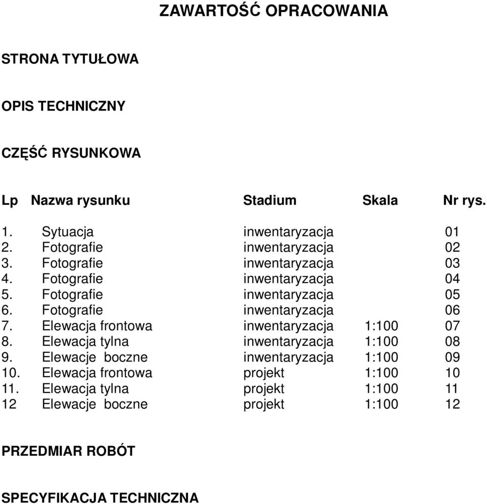 Fotografie inwentaryzacja 06 7. Elewacja frontowa inwentaryzacja 1:100 07 8. Elewacja tylna inwentaryzacja 1:100 08 9.