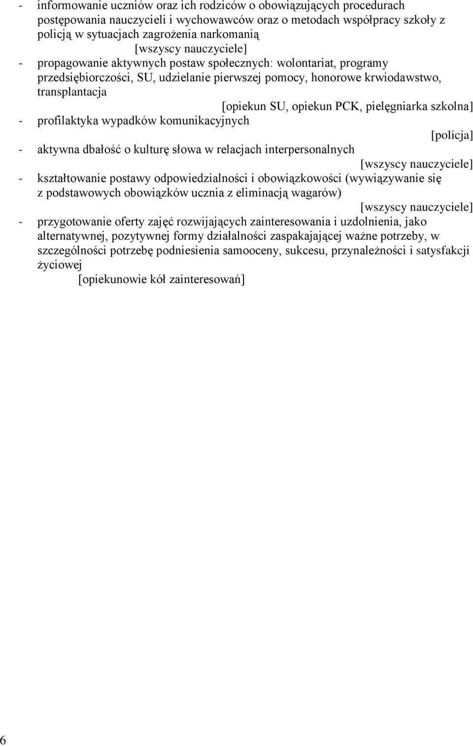 szkolna] - profilaktyka wypadków komunikacyjnych [policja] - aktywna dbałość o kulturę słowa w relacjach interpersonalnych - kształtowanie postawy odpowiedzialności i obowiązkowości (wywiązywanie się