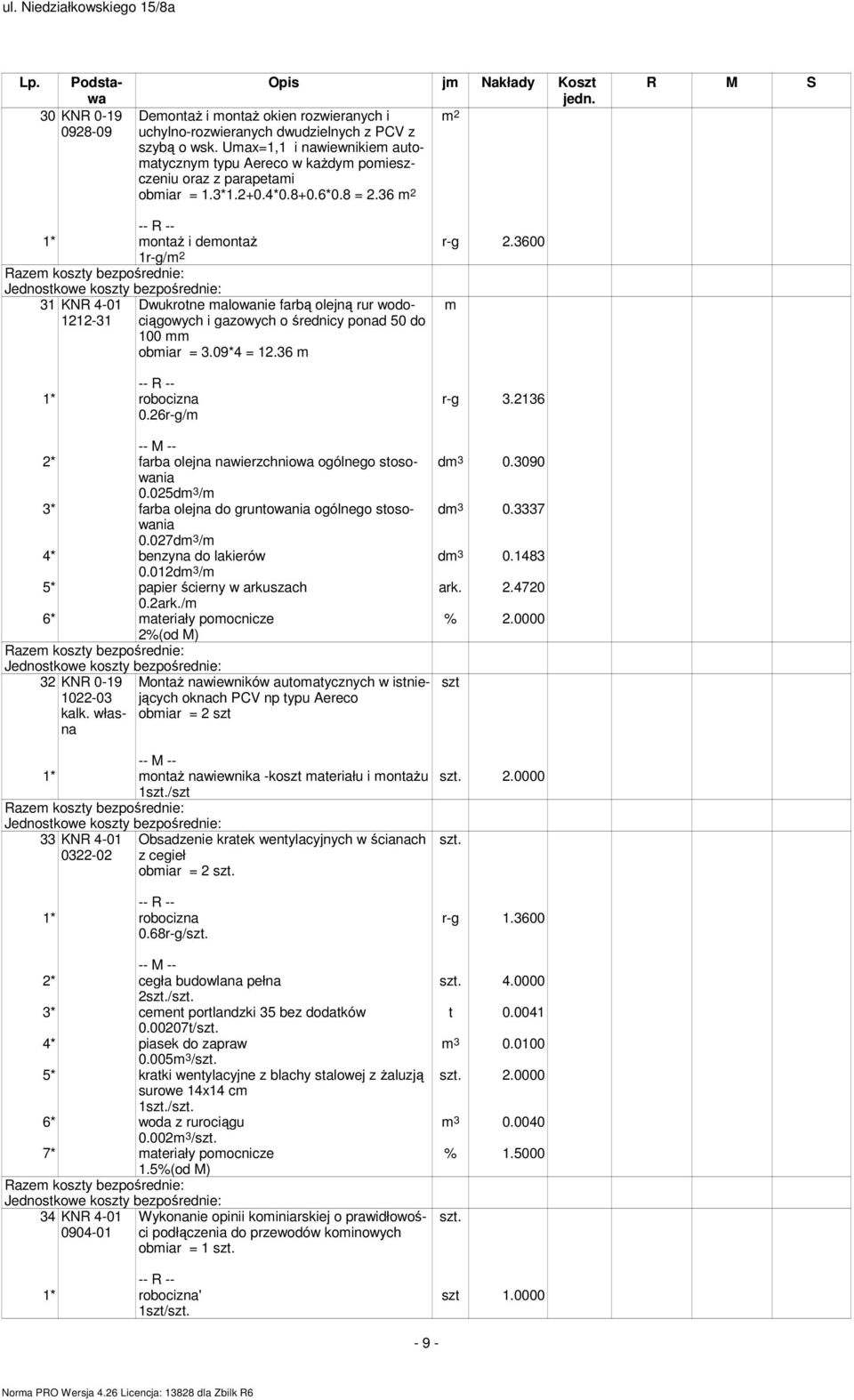 3600 1* montaŝ i demontaŝ 1r-g/ 31 KNR 4-01 1212-31 Dwukrotne malowanie farbą olejną rur wodociągowych i gazowych o średnicy ponad 50 do 100 mm obmiar = 3.09*4 = 12.36 m m 0.