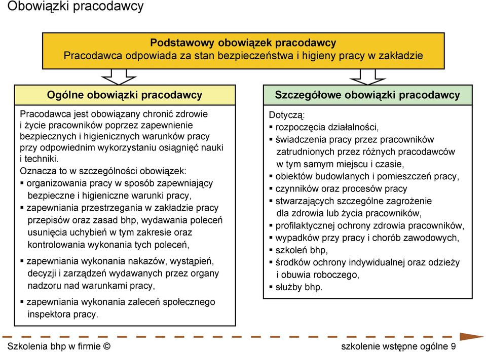 Oznacza to w szczególności obowiązek: organizowania pracy w sposób zapewniający bezpieczne i higieniczne warunki pracy, zapewniania przestrzegania w zakładzie pracy przepisów oraz zasad bhp,