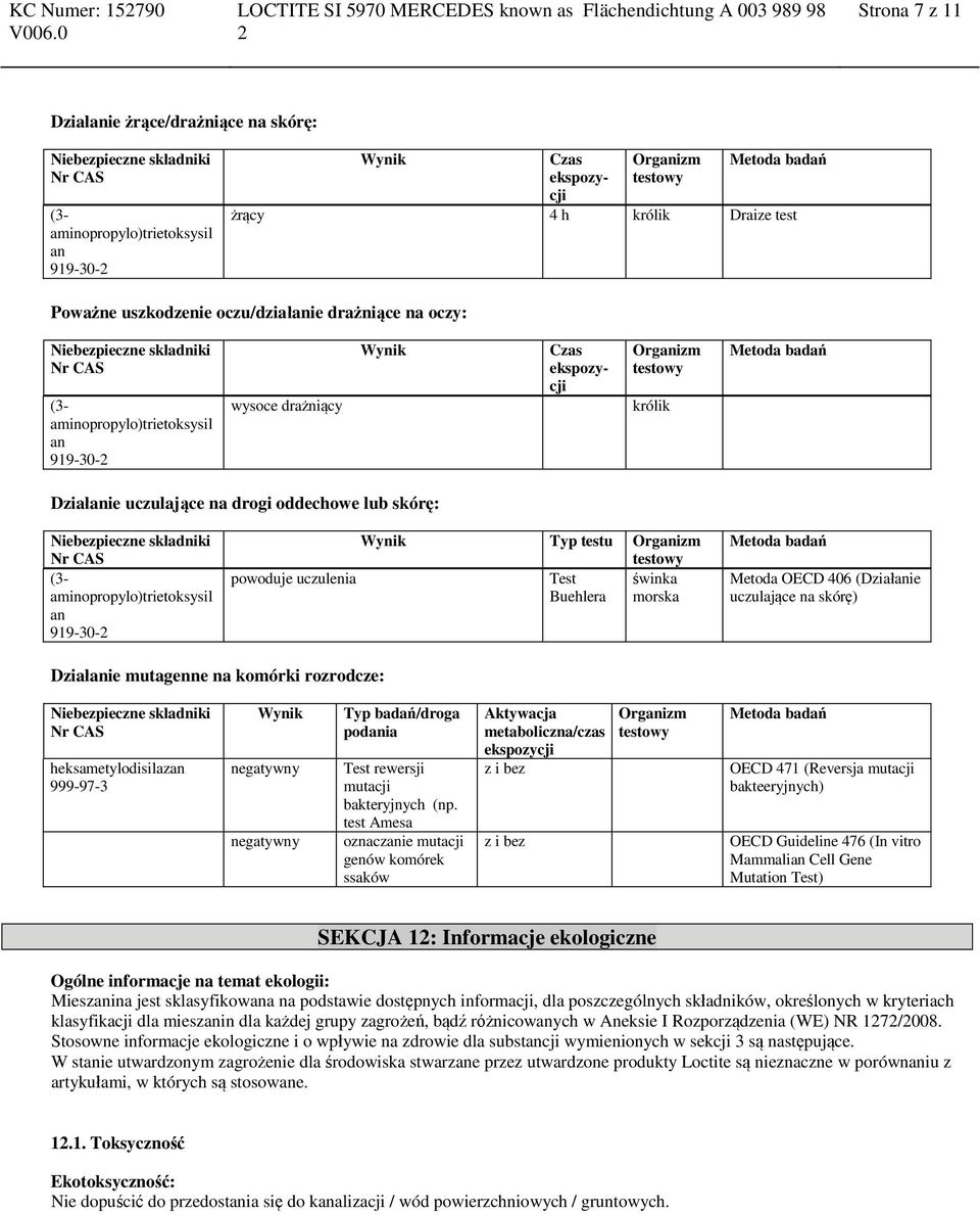 morska Metoda OECD 406 (Działanie uczulające na skórę) Działanie mutagenne na komórki rozrodcze: Wynik negatywny negatywny Typ badań/droga podania Test rewersji mutacji bakteryjnych (np.