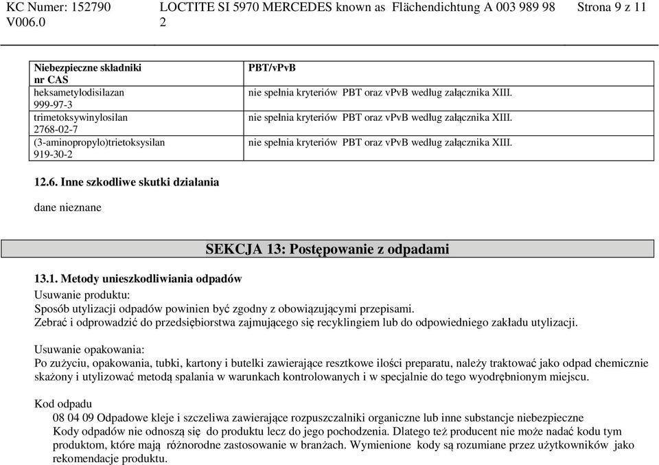 Inne szkodliwe skutki działania dane nieznane SEKCJA 13: Postępowanie z odpadami 13.1. Metody unieszkodliwiania odpadów Usuwanie produktu: Sposób utylizacji odpadów powinien być zgodny z obowiązującymi przepisami.