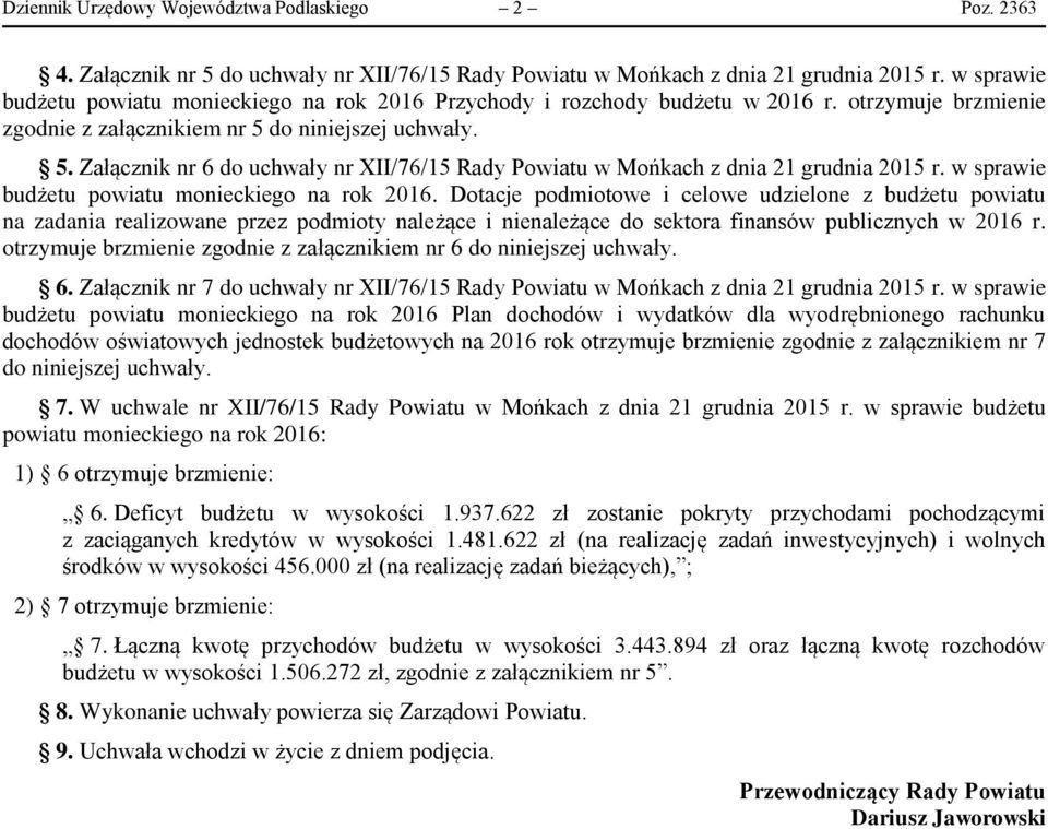 do niniejszej uchwały. 5. Załącznik nr 6 do uchwały nr XII/76/15 Rady Powiatu w Mońkach z dnia 21 grudnia 2015 r. w sprawie budżetu powiatu monieckiego na rok.