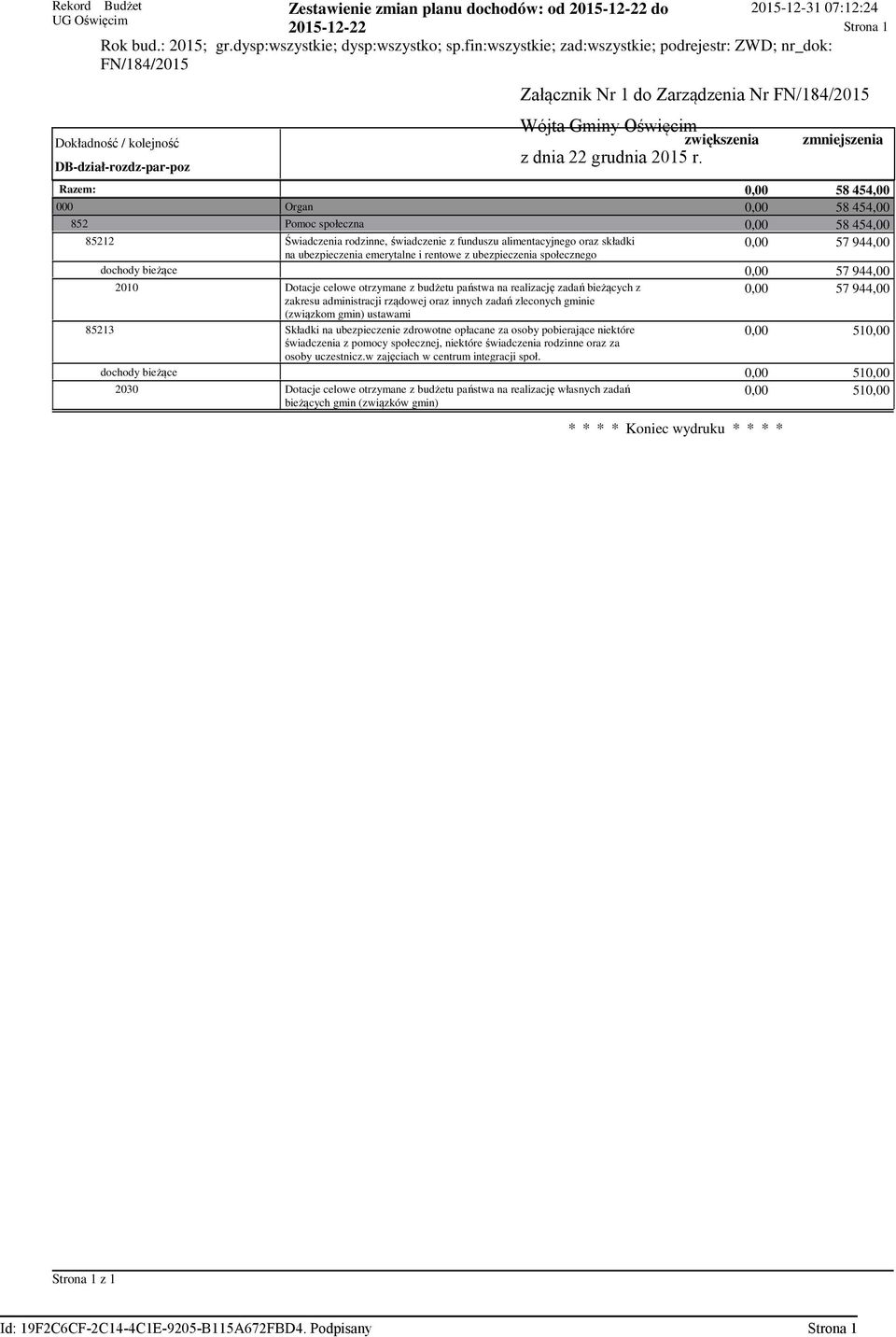 454,00 Dotacje celowe otrzymane z budżetu państwa na realizację zadań bieżących z zakresu administracji rządowej oraz innych zadań zleconych gminie (związkom gmin) ustawami Składki na