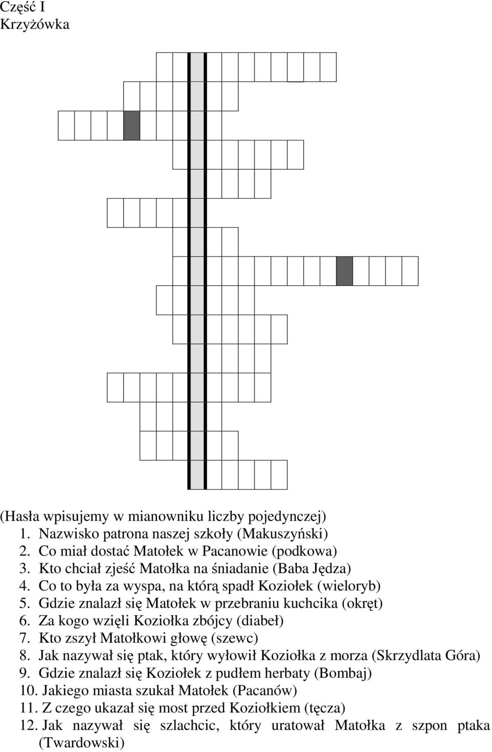 Za kogo wzięli Koziołka zbójcy (diabeł) 7. Kto zszył Matołkowi głowę (szewc) 8. Jak nazywał się ptak, który wyłowił Koziołka z morza (Skrzydlata Góra) 9.