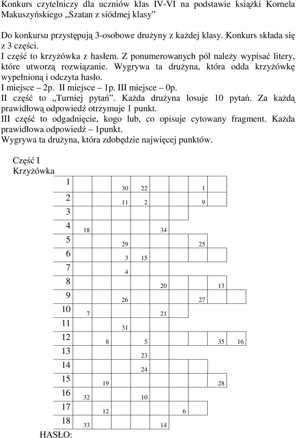 III miejsce 0p. II część to Turniej pytań. Każda drużyna losuje 10 pytań. Za każdą prawidłową odpowiedź otrzymuje 1 punkt. III część to odgadnięcie, kogo lub, co opisuje cytowany fragment.