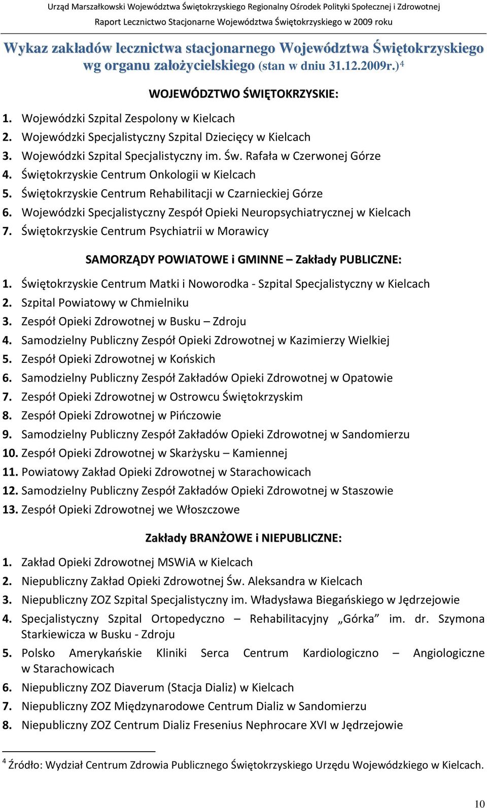 Świętokrzyskie Centrum Rehabilitacji w Czarnieckiej Górze 6. Wojewódzki Specjalistyczny Zespół Opieki Neuropsychiatrycznej w Kielcach 7.