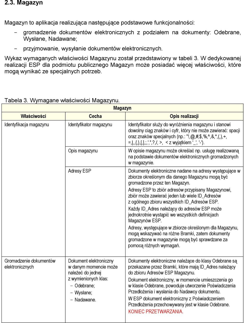 W dedykowanej realizacji ESP dla podmiotu publicznego Magazyn może posiadać więcej właściwości, które mogą wynikać ze specjalnych potrzeb. Tabela 3. Wymagane właściwości Magazynu.