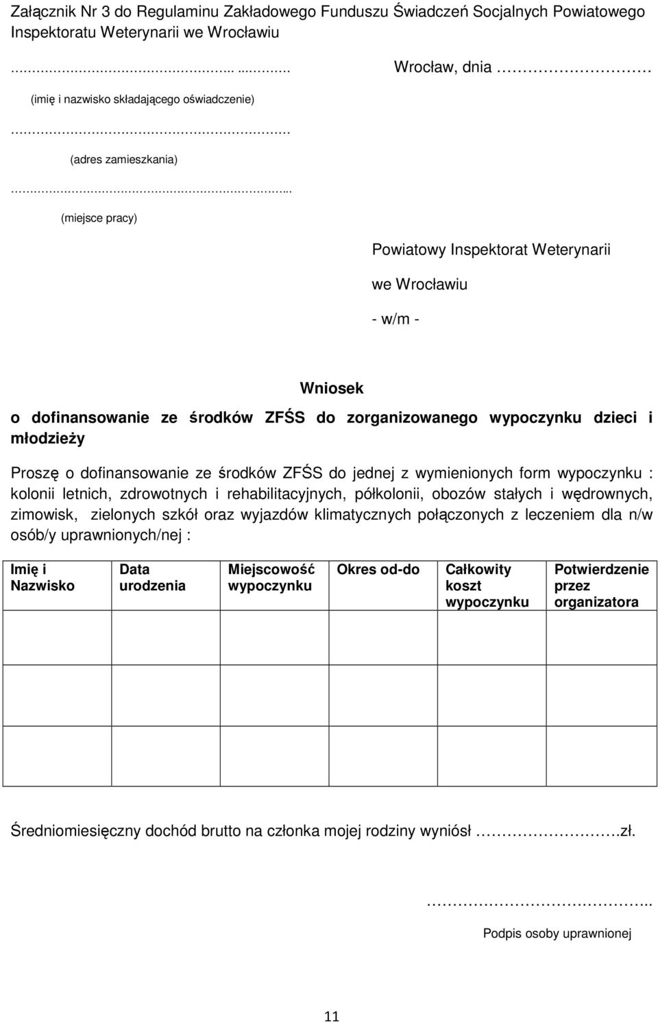 (miejsce pracy) Powiatowy Inspektorat Weterynarii we Wrocławiu - w/m - Wniosek o dofinansowanie ze środków ZFŚS do zorganizowanego wypoczynku dzieci i młodzieży Proszę o dofinansowanie ze środków